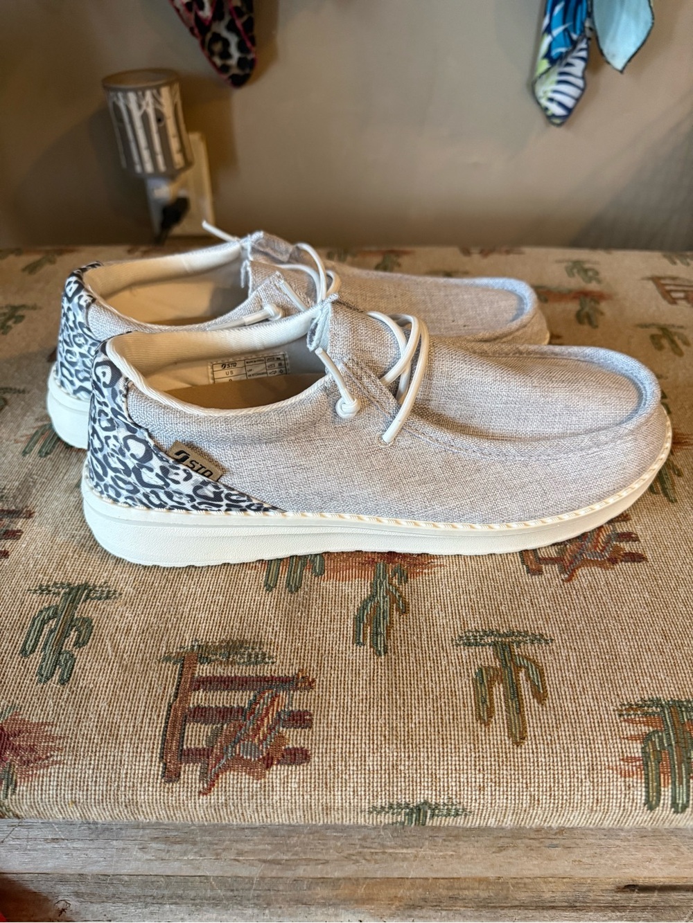 Beige Linen Flats with White Soles and Leopard Heel Accent